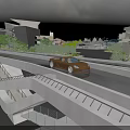 Modern Urban Bridge With Golden Sports Car Driving And Surrounding Modern Buildings Greenery