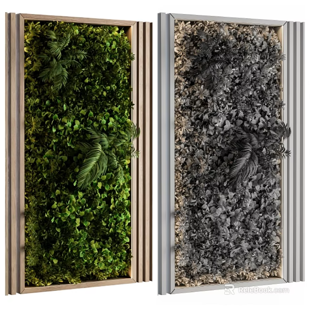Green Plant Wall With Dual Design Varied Greenery And Wooden Frame For Interior Decor 3d model 