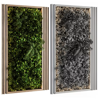 Green Plant Wall With Dual Design Varied Greenery And Wooden Frame For Interior Decor 3d model