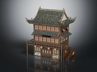 Traditional Chinese Ancient Architecture Two Story Wooden Structure With Tile Roof Overhanging Eaves And Lanterns 3d model