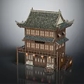 Traditional Chinese Ancient Architecture Two Story Wooden Structure With Tile Roof Overhanging Eaves And Lanterns