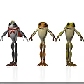 Three frogs dressed in different colored costumes with unique designs standing together 3d model