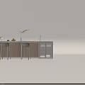 Stylish Bar Counter With Marble Top White Stools Fruits Plant Sink Tableware And Storage Shelves