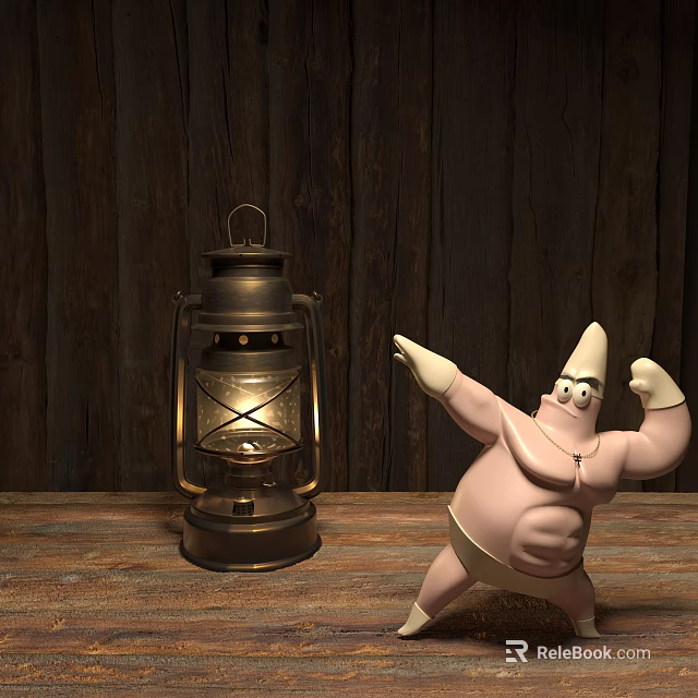 Lit Vintage Lantern With Muscular Cartoon Character Posing On Wooden Table And Background 3d model 