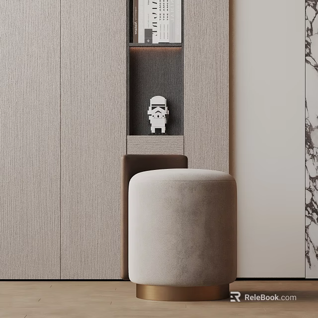 Modern Minimalist Side Table With Cylindrical Beige Velvet Top Beside Wooden Cabinet 3d model 