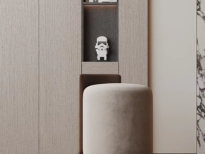 Modern Minimalist Side Table With Cylindrical Beige Velvet Top Beside Wooden Cabinet 3d model