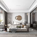 Elegant Modern Bedroom Interior With Circular Decor Large Window Curtains And Beige Sofa 3d model