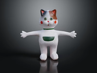 Cartoon Cat Character Figure With White Body Colorful Head Red Cheeks Green Collar And Pocket 3d model