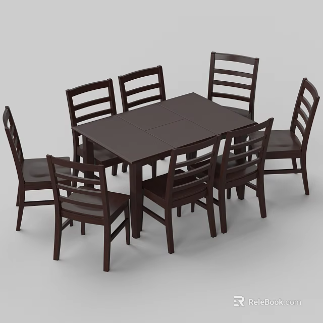 Dark Brown Wooden Dining Table Set with Six Ladder Back Chairs 3d model
