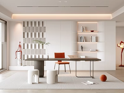 Modern Minimalist Study Room Interior With Desk Orange Chair And Bookshelves 3d model
