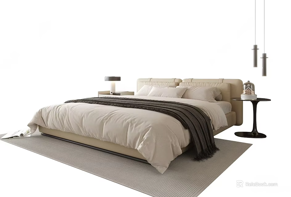 Modern Double Bed with Beige Bedding Dark Throw Blanket and Side Table Lamps 3d model