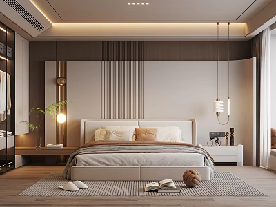Modern Bedroom Interior With Wooden Striped Headboard Hanging Lights And Area Rug 3d model