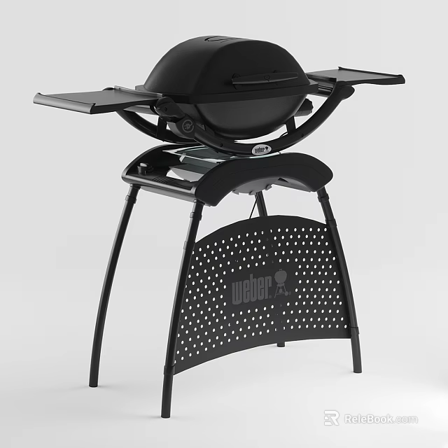 Sturdy Black Outdoor Grill With Stand And Side Shelves Perforated Panel Design 3d model 