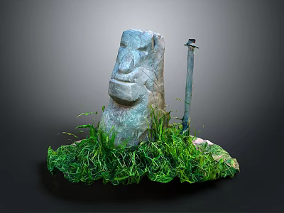 Ancient Stone Statue With Standing Sword And Lush Green Grass In Natural Setting 3d model