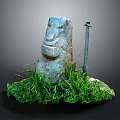 Ancient Stone Statue With Standing Sword And Lush Green Grass In Natural Setting