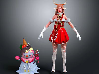 Festive Female Character In Red Dress With Antlers And Snowman Doll Decor 3d model