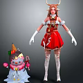 Festive Female Character In Red Dress With Antlers And Snowman Doll Decor