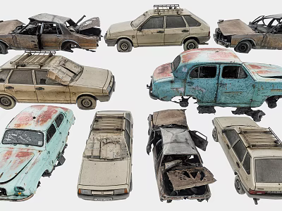 Collection of Abandoned Rusty Old Cars With Damaged Bodies and Broken Parts 3d model