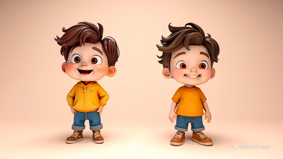 Game Movie Cartoon Boy Characters With Curly Brown Hair Happy Faces Yellow Tops Blue Pants Brown Shoes 3d model