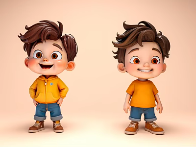 Game Movie Cartoon Boy Characters With Curly Brown Hair Happy Faces Yellow Tops Blue Pants Brown Shoes 3d model