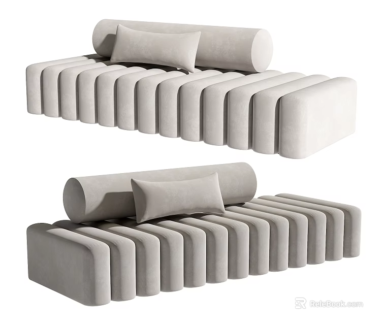 Modern Light Gray Sectional Sofa with Cylindrical Backrest Rectangular Cushions and Sleek Lines 3d model 