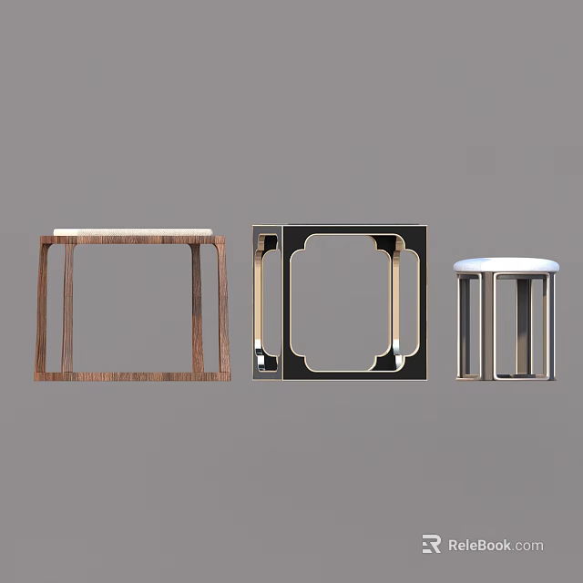 Modern Stools With Different Designs Wooden Square And Metal Round Styles 3d model