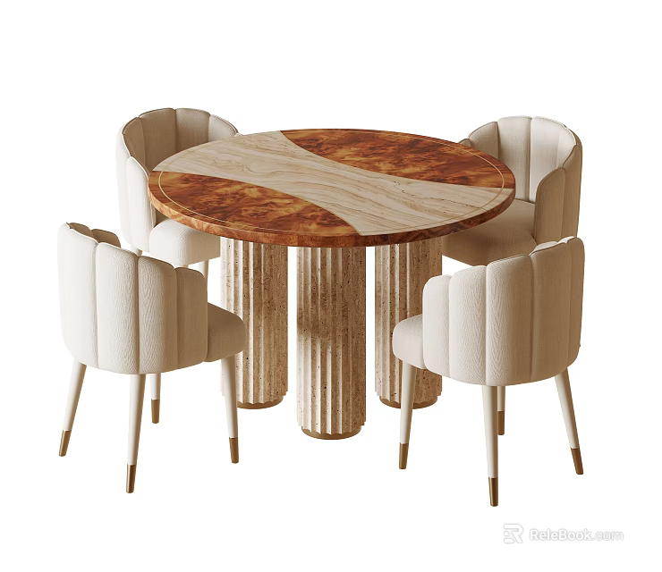 Elegant Round Marble Top Dining Table With Fluted Legs And Beige Upholstered Chairs 3d model 