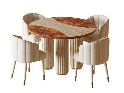 Elegant Round Marble Top Dining Table With Fluted Legs And Beige Upholstered Chairs 3d model