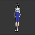 Woman In Light Blue Cheongsam Top And Blue Skirt With Black High Heels Standing