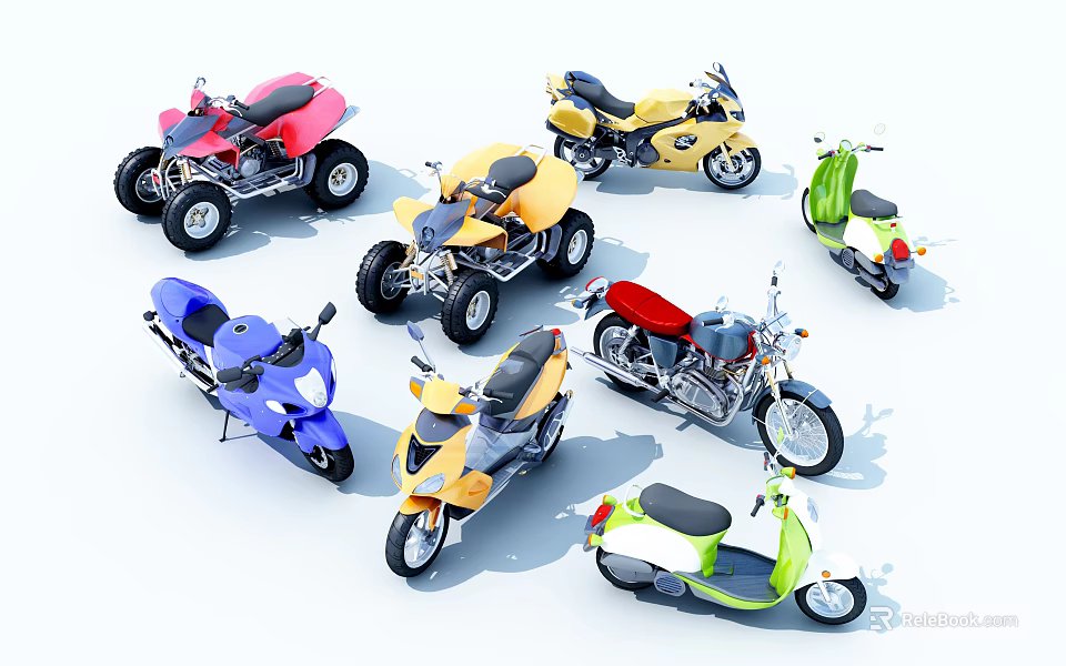 Various Colored Motorcycles Featuring Different Types and Unique Designs on 3d model 
