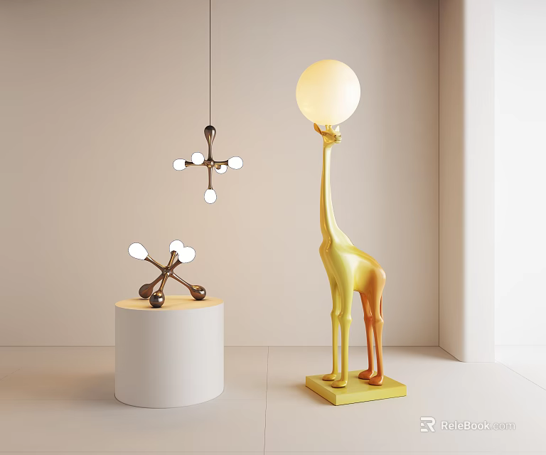 Golden Giraffe Shaped Floor Lamp in Modern Interior With Decorative Pendant Lights 3d model 