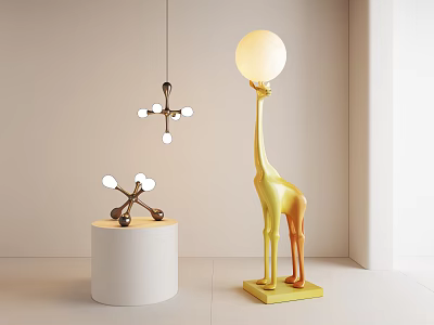 Golden Giraffe Shaped Floor Lamp in Modern Interior With Decorative Pendant Lights 3d model