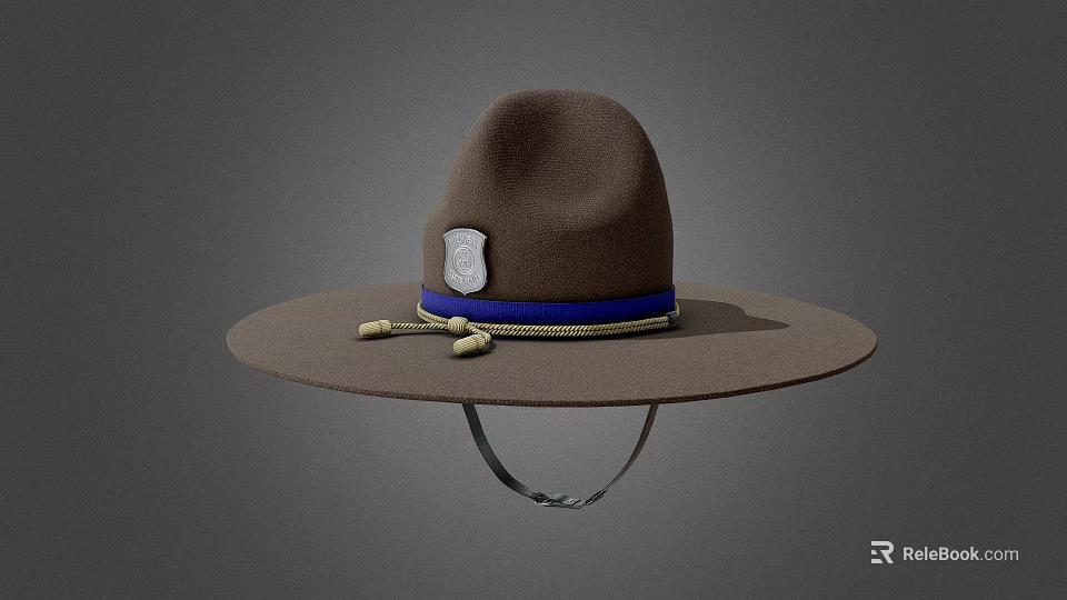 Brown Wide Brim Hat With Blue Band Badge And Decorative Tassels 3d model 