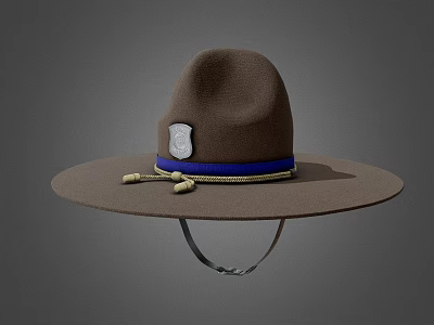 Brown Wide Brim Hat With Blue Band Badge And Decorative Tassels 3d model