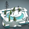 Cartoon Winter Scene With Snowy Landscape Frozen Lake Pine Trees And Ice Rocks