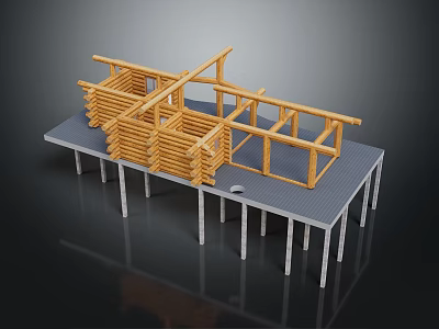 Wooden Building Frame Construction Model With Platform And Support Beams 3d model