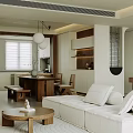 Modern Living and Dining Room Interior with White Sofa Wooden Coffee Table and Wall Shelves