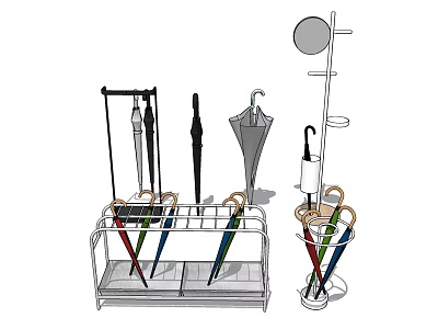 Multicolored Umbrellas In Metal Stand With Storage Rack For Home Use 3d model