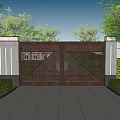 Architectural Exterior Wall With Intricate Geometric Pattern Gate And Lush Greenery 3d model