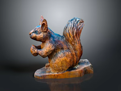 Wooden Squirrel Sculpture Holding Nuts With Detailed Carved Fur And Base 3d model