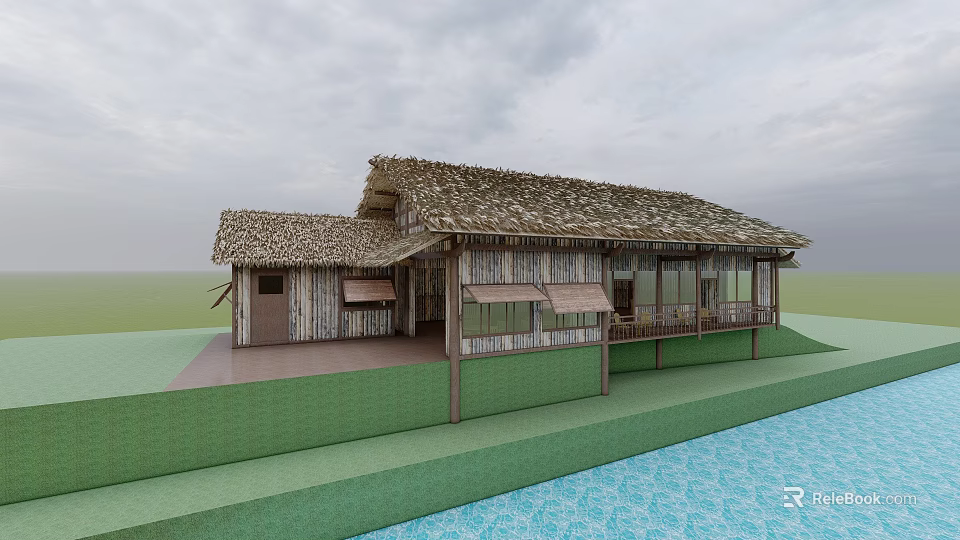 Traditional Wooden House with Thatched Roof Wooden Walls Veranda on Green Lawn by Blue Water 3d model 