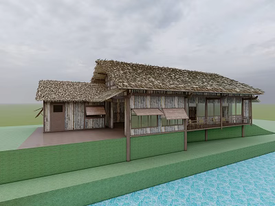 Traditional Wooden House with Thatched Roof Wooden Walls Veranda on Green Lawn by Blue Water 3d model