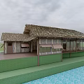 Traditional Wooden House with Thatched Roof Wooden Walls Veranda on Green Lawn by Blue Water