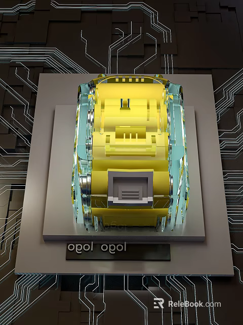 Computer Processor Chip With Yellow Internal Structure And Transparent Casing On Circuit Board Background 3d model