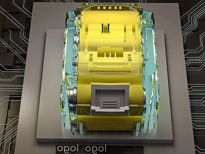 Computer Processor Chip With Yellow Internal Structure And Transparent Casing On Circuit Board Background 3d model