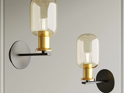 Modern Design Wall Lamps With Transparent Glass Shades Golden Bases And Black Mounting Plates 3d model