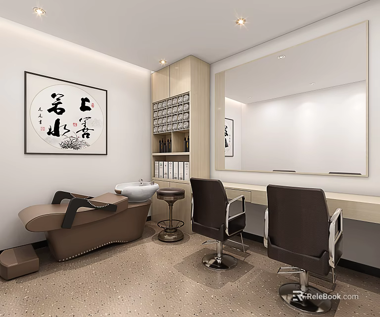 Modern Beauty Hair Salon Interior With Beauty Bed Styling Chairs Mirror And Storage Cabinets 3d model 
