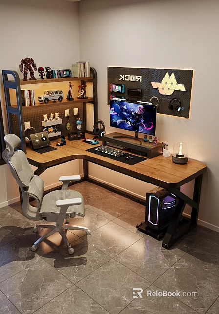 Gaming Desk Setup With Ergonomic Chair Computer Monitor RGB PC Case And Decorative Shelf 3d model 