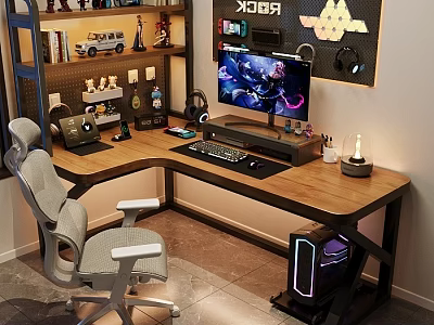 Gaming Desk Setup With Ergonomic Chair Computer Monitor RGB PC Case And Decorative Shelf 3d model