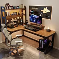 Gaming Desk Setup With Ergonomic Chair Computer Monitor RGB PC Case And Decorative Shelf